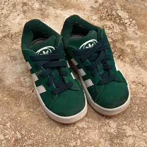 adidas Kids Dark Green Suede Sneakers with White Stripes
